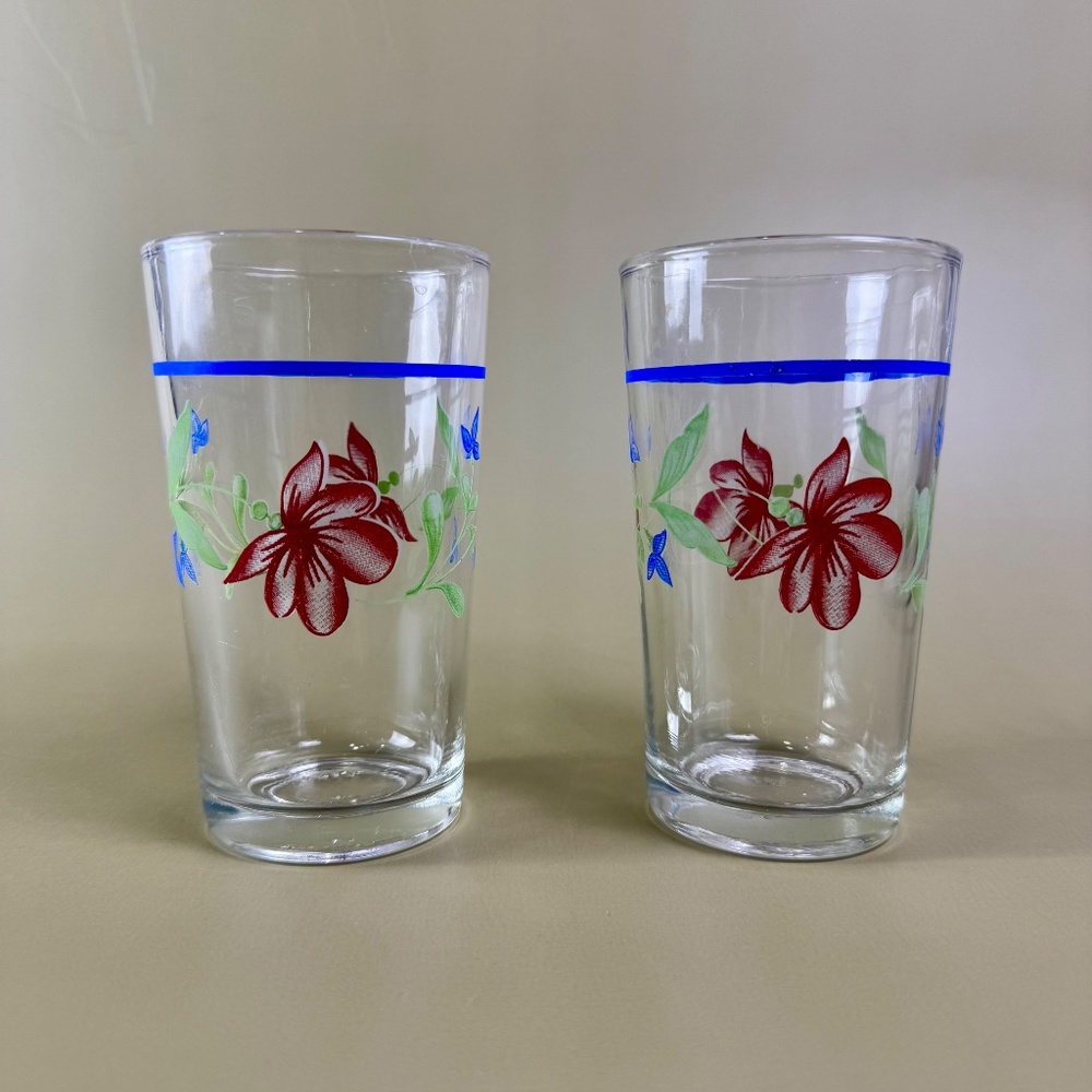 Set of 2 - Vintage KIG Indonesia Floral Highball Glasses – Blue Rim - Picture 2 of 12